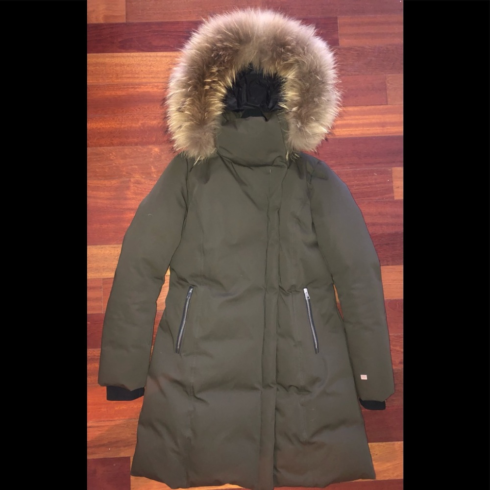 Soia & Kyo down coat with removable genuine fur trim hood. Luxurious Olive color